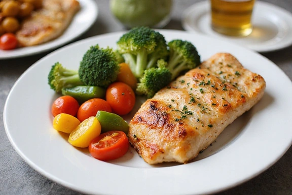 Imagen de un plato colorido con vegetales frescos y proteínas, representando una comida equilibrada.
