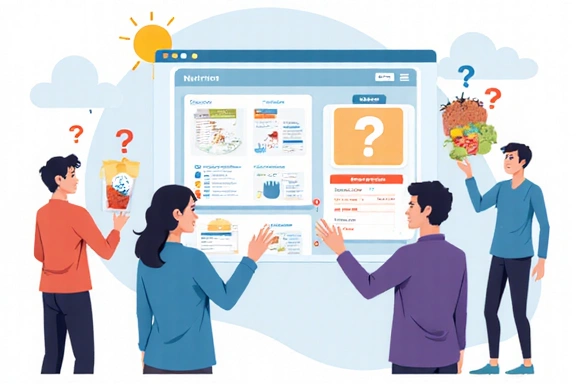 Ilustración de personas resolviendo dudas y organizando información nutricional.