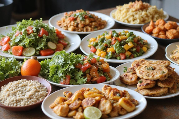 Una mesa llena de platos saludables y coloridos, representando la diversidad y el equilibrio en la alimentación.