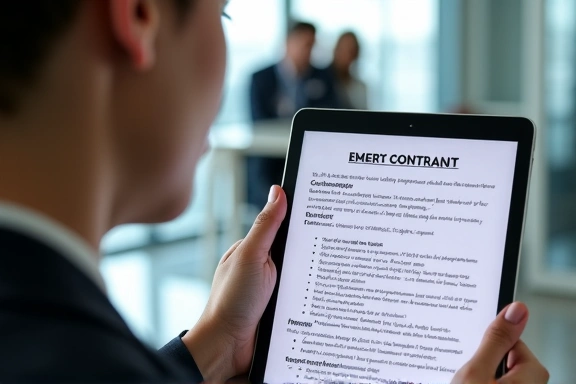 Persona leyendo un contrato digital en una tablet, simbolizando la aceptación de términos.
