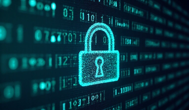Un icono abstracto de un candado digital sobre un fondo de código binario, simbolizando la protección de la propiedad intelectual y los datos.